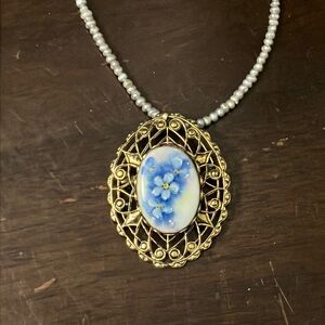 Vintage Painted Porcelain Pendant on Pearl Necklace